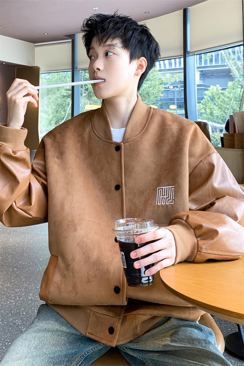 ！2023新款男士加厚鹿皮绒拼皮夹克棒球服外套JK191P85控138,男装夹克,电商B220