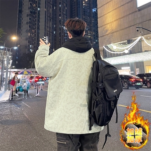 加绒加厚外套男可卸帽潮牌夹克男青少年秋冬季保暖褂子V201-P110图片