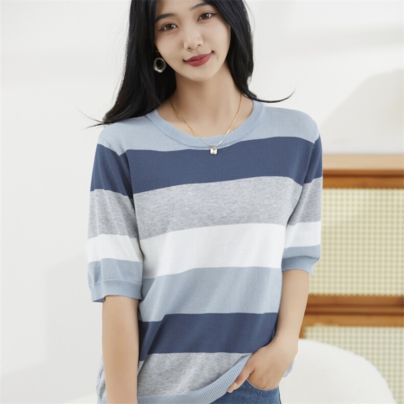 2025夏季新款短袖T恤女圆领宽松撞色条纹纯棉，女装针织衫/毛衣，斯美雅电商供货