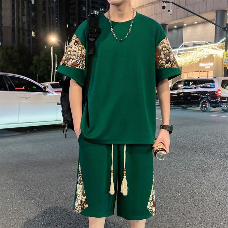 光版二开男士休闲运动套装刺绣小熊T恤短裤一套A266-TZ88580-P50,男装休闲套装,电商A266