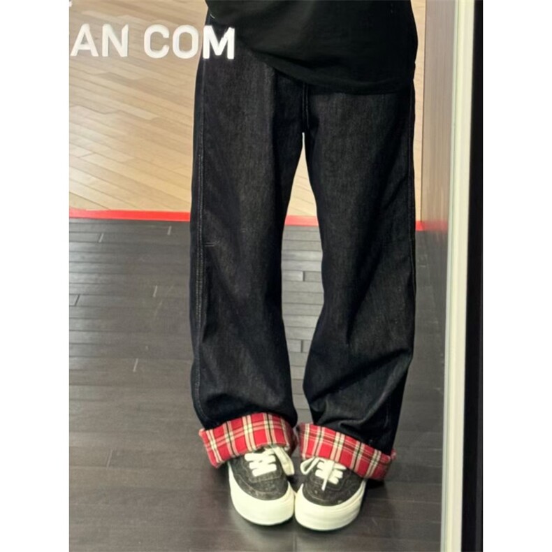 【有货】美式格子拼接卷边牛仔裤男女阔腿裤子高街NZ011HH-特P48,男装牛仔裤,星座1007（原301D）