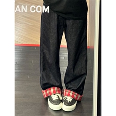 【有货】美式格子拼接卷边牛仔裤男女阔腿裤子高街NZ011HH-特P48，男装牛仔裤，星座1007（原301D）