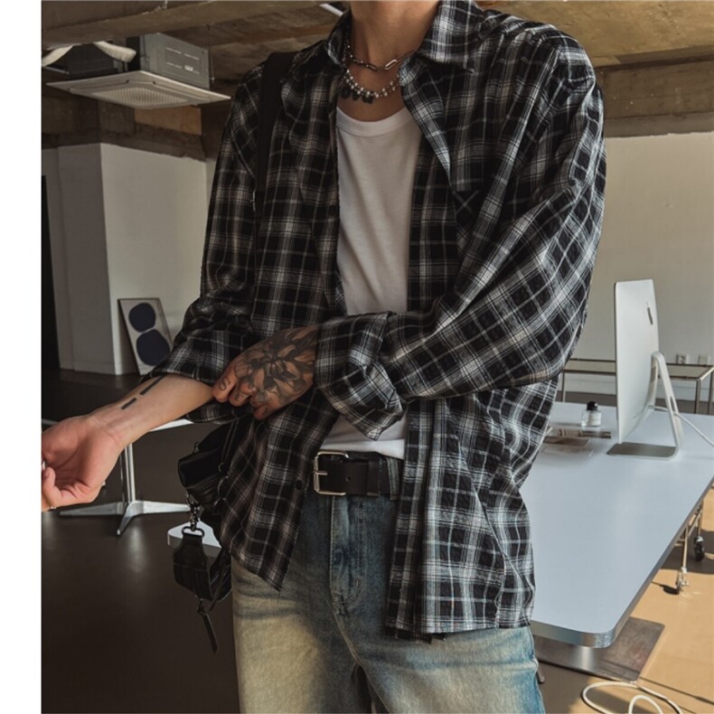 新款男女装格子衬衫春韩系穿搭长袖衬衣设计感宽松外套825P50,男装衬衫,星座710