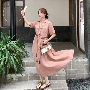 《档口现货26夏上新》气质三色天丝亚麻透气舒适连衣裙配腰带女图片