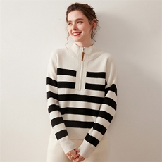 宽松条纹保暖山羊绒衫半拉链慵懒撞色毛衣2025秋冬新款针织羊毛衫，女装针织衫/毛衣，绒盛美羊绒