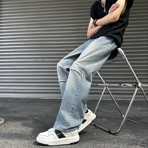 美式设计感双色休闲牛仔裤男款春夏季高街宽松直筒长裤D995/p58图片