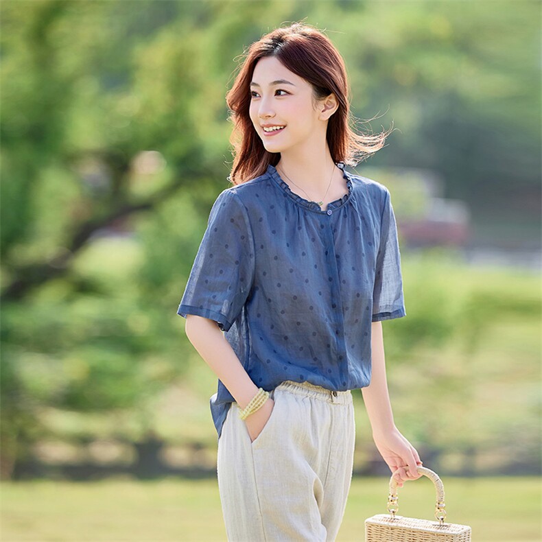 2026年夏季文艺风女短袖宽松亲肤透气薄常规苎麻,女装衬衫,江南依恋