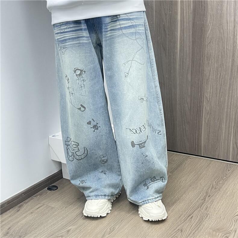 【现货】美式弯刀裤复古趣味涂鸦字母牛仔裤男P54Y1519,男装牛仔裤,星座1112-1