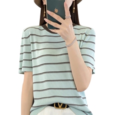 桑蚕丝圆领条纹短袖Tt恤女士2025新款薄款撞色冰丝针织上衣，女装针织衫/毛衣，大美人包芯纱店