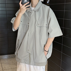 港风复古宽松版工装衬衫短袖夏季薄外套大口袋衬衣CS01262-P50，男装衬衫，星座308B-1