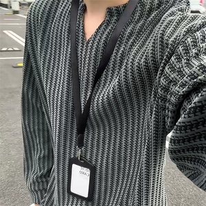 美式高街千鸟格子长袖T恤男女亨利V领英伦雅痞休闲宽松长袖打底衫图片