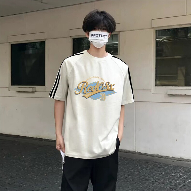 抖音得物高品质二开240克宽松纯棉美式潮牌三条杠织带短袖T恤,男装T恤,电商A486-1