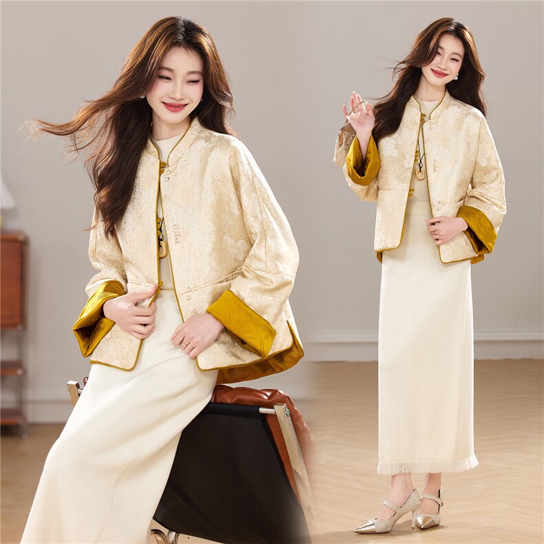 冬季新款加厚棉衣新中式重工提花珍珠扣立领拼接款两面穿外套女，女装棉衣/棉服，央宝儿