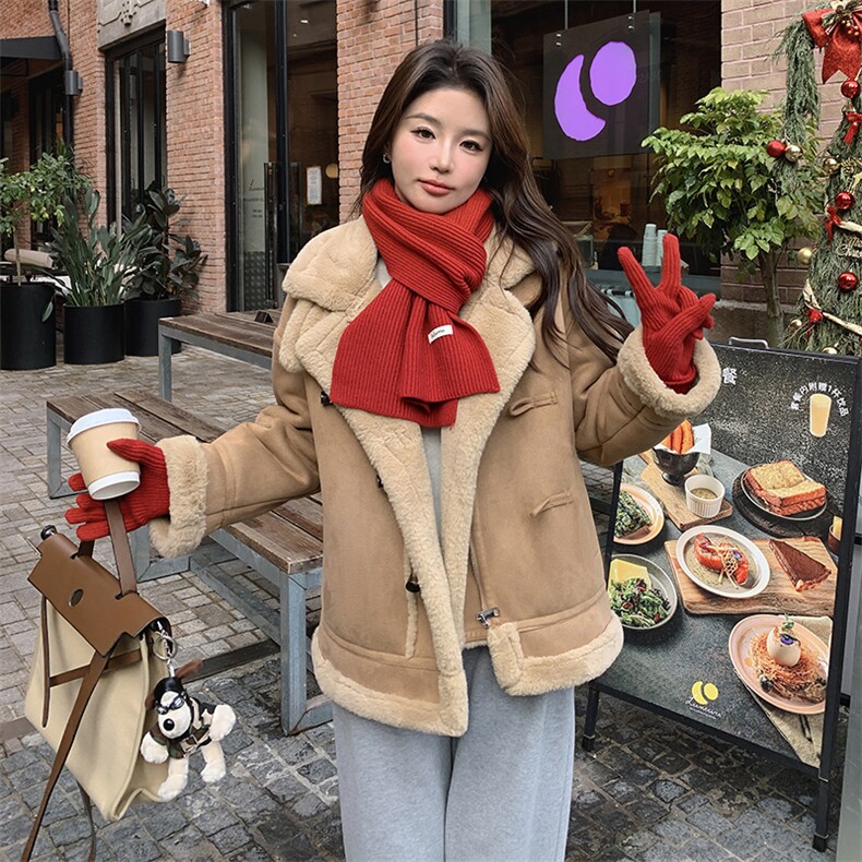 皮毛一体外套女中长款2023冬季新款麂皮绒仿羊羔毛上衣,女装皮草,秋水欣儿