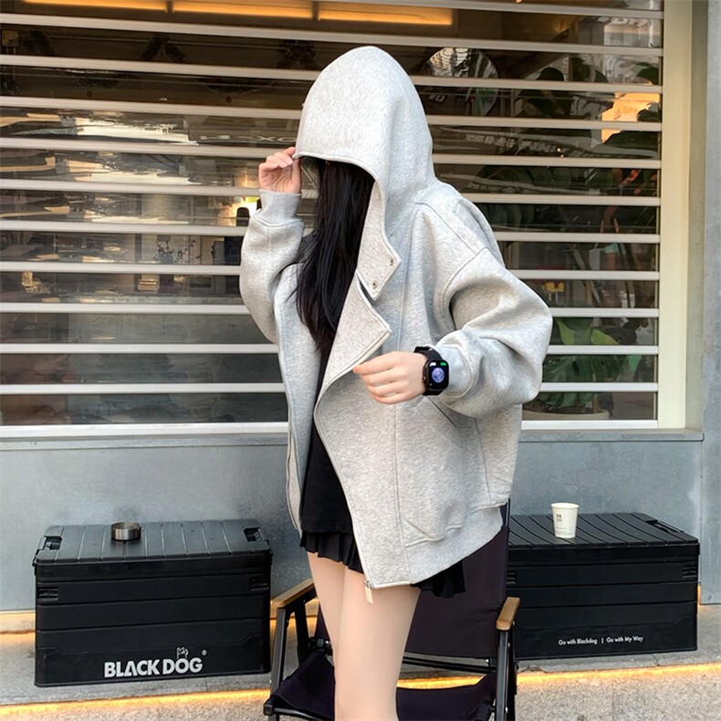 抖音得物品质26春装美式重磅结构斜拉链高领连帽卫衣开衫外套W61,女装短外套,电商A486-1