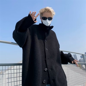 秋冬纯色高领单排纽扣针织开衫男韩系潮流软糯毛衣外套痞帅图片