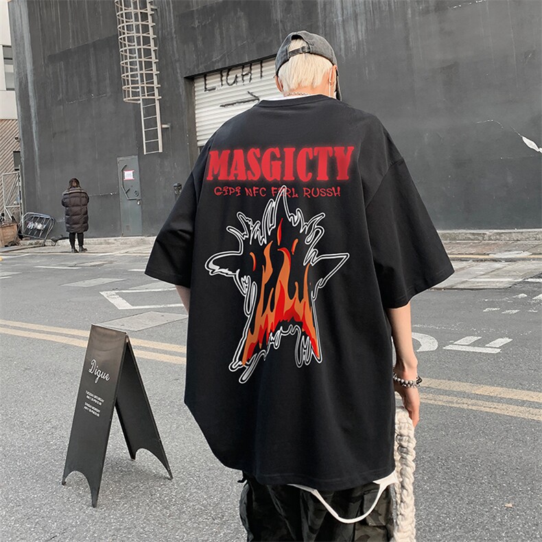 潮火焰印花情侣装夏季重磅落肩袖短袖t恤美式B239-1279-P28,男装T恤,星座514-2(原B239)