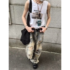 DY9197-P55美式裤子男水洗直筒牛仔裤破洞潮牌ins高街男-网图现货，男装牛仔裤，星座603-2