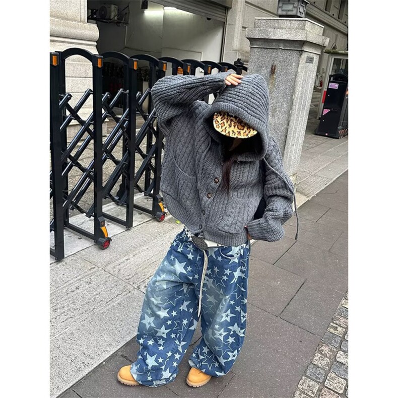 设计感小众2025春秋新款今年流行宽松直筒阔腿印花牛仔裤子女,男装牛仔裤,星座506A