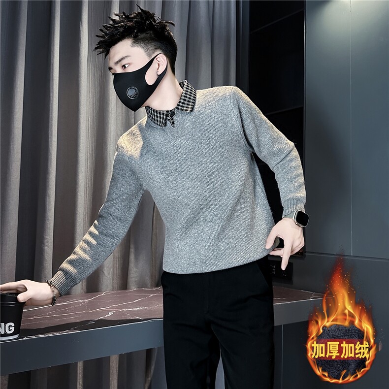 衬衫领毛衣男加绒一体绒假两件拼接社会小伙301C-M121-P88控118图片