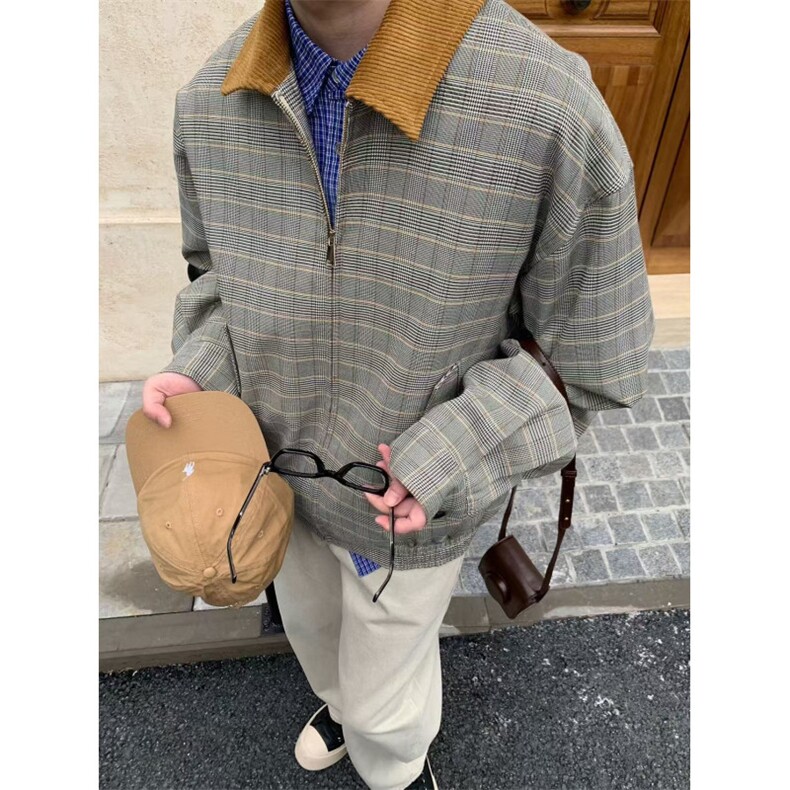 复古老钱风cleanfit翻领夹克男秋季潮千鸟格休闲情侣外套JKK30p80图片
