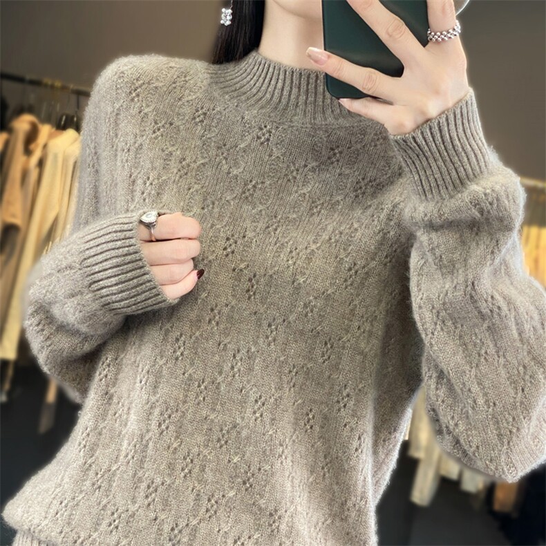 秋冬新款100%羊毛衫女半高领镂空钩花长袖毛衣宽松套头打底羊绒衫,女装羊毛衫,琳华羊绒
