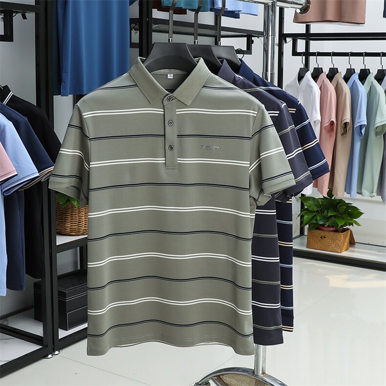 夏季Polo衫男2024新款商务时尚宽松百搭休闲翻领条纹短袖男士上衣,男装Polo衫,电商B212（原钱塘6029）