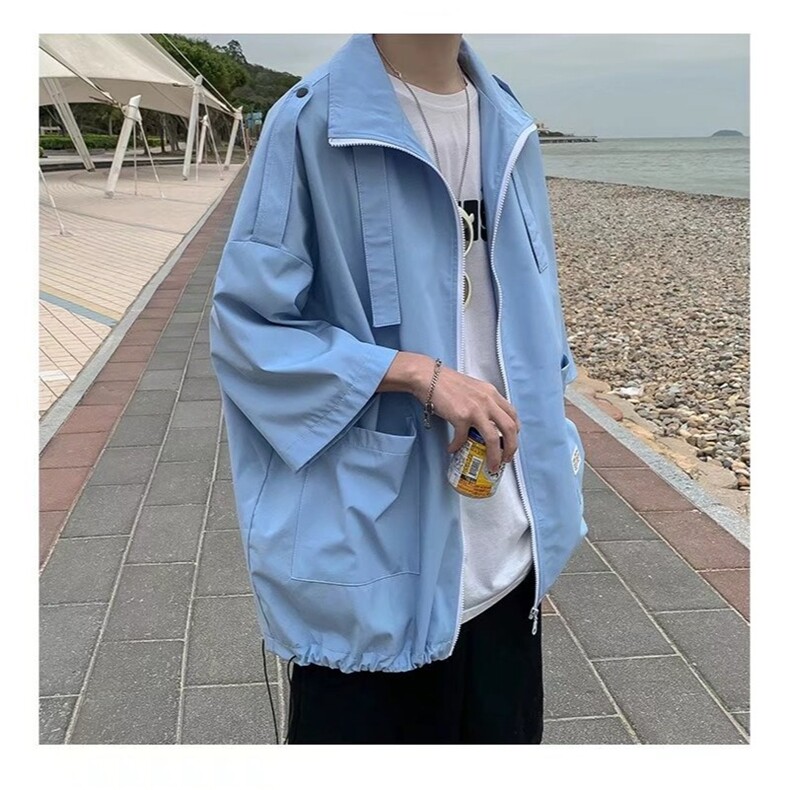 防晒薄款外套男夏季新款港风帅气青年宽松休闲高级七分袖拉链寸衫,男装防晒衣,星座1210-1