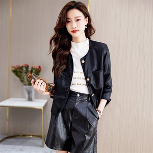 PU皮衣女短款圆领2023洋气显瘦百搭小个子显高长袖皮夹克上衣外套图片