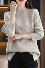 时尚百搭纯色澳毛圆领针织花纹女士羊毛衫，女装羊毛衫，莺澜羊绒