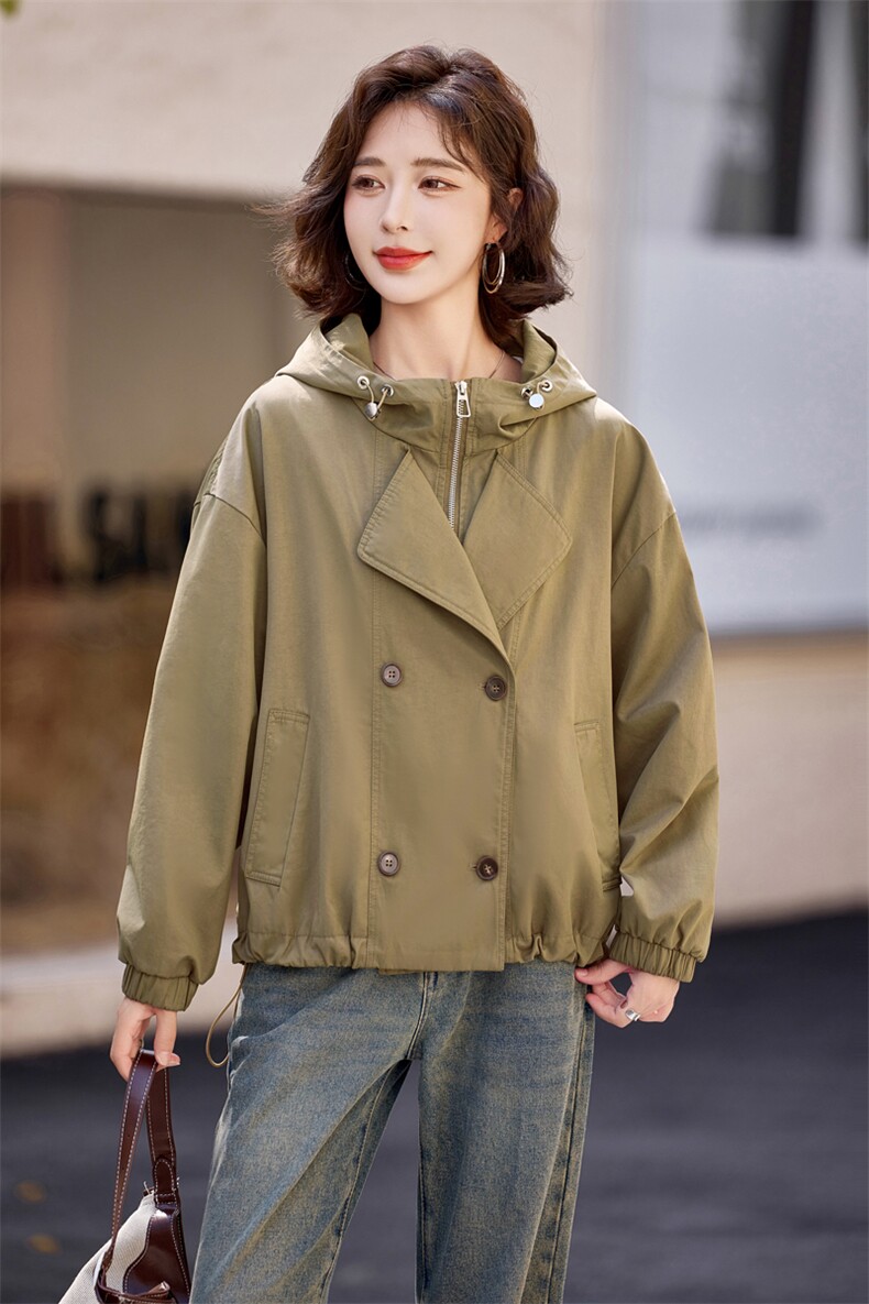 知性优雅连帽设计风衣式外套女2026春季摩登复古短款上衣,女装风衣,难舍钰依