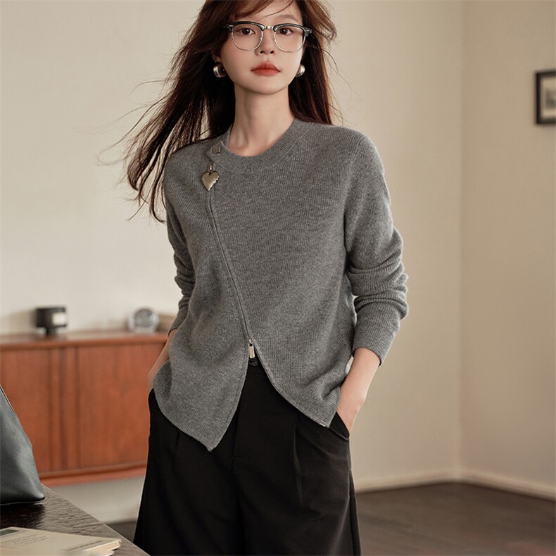 秋冬季羊绒休闲简约时尚百搭桃心拉链12针单股元宝针开衫，女装羊绒衫，绒知纯羊绒