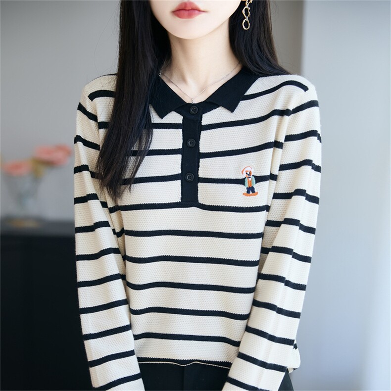 POLO领针织衫女条纹刺绣打底衫2025新款精纺毛衫宽松显瘦翻领毛衣,针织衫/毛衣,郡淞羊绒