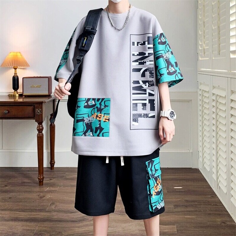初中生撞色青少年短袖T恤男百搭两件套学生套装2025年新款,男装T恤,星座506A