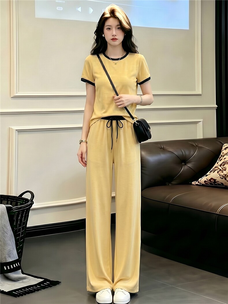 盐系穿搭休闲时尚运动套装女夏款圆领拼接短袖上衣阔腿长裤两件套,女装套装/套裙,江南