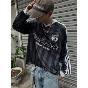 美式复古条纹长袖T恤男女春秋季字母印花球服宽松潮牌运动风卫衣图片