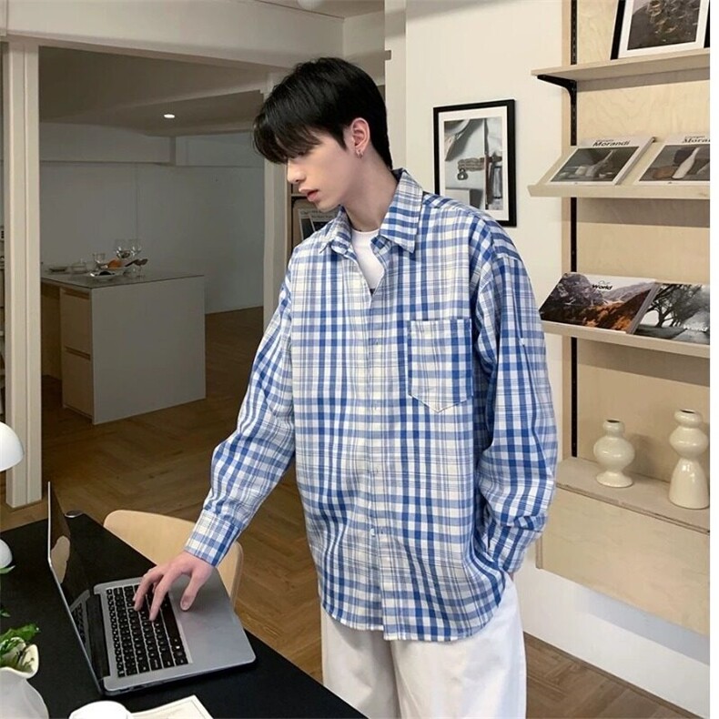 现货美式复古街头格纹长袖衬衫男宽松春秋季休闲百搭衬衣,男装衬衫,星座218-1（原230）