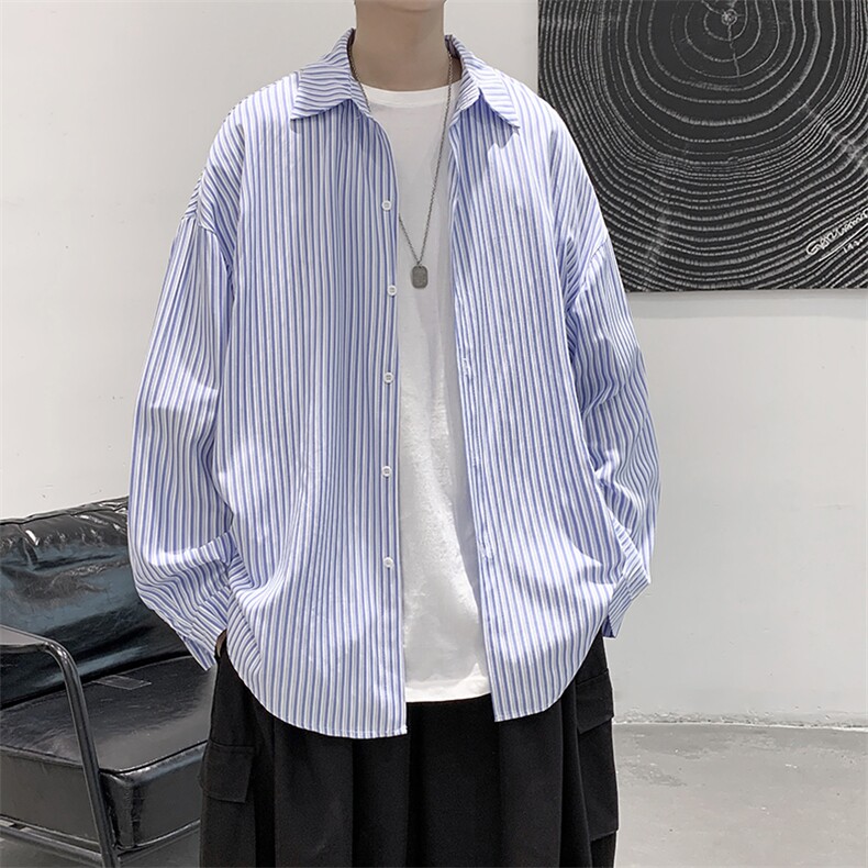 现货秋款男装条纹宽松潮流休闲长袖衬衫上衣D201-DM85-P45,男装衬衫,电商D321-1