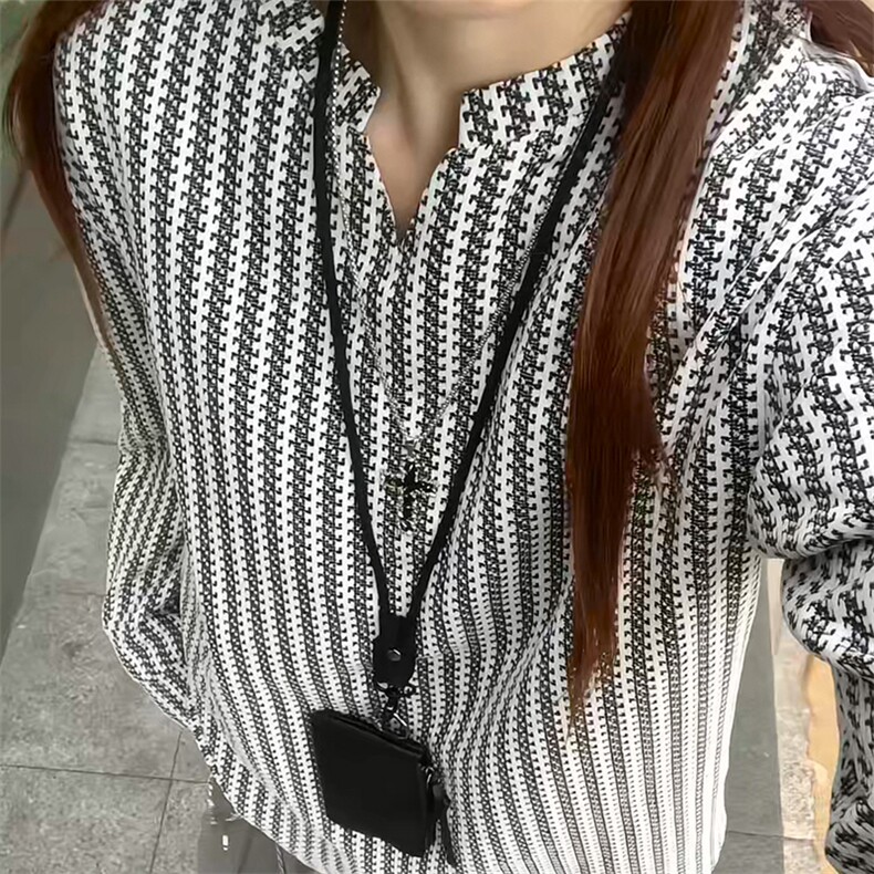 美式高街千鸟格子长袖T恤男女亨利V领英伦雅痞休闲宽松长袖打底衫，男装T恤，电商A443