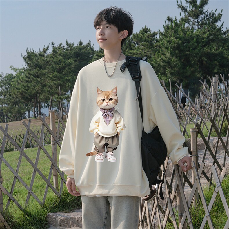 抖音品质秋季新款日系猫咪仿棉圆领卫衣wycm4048-特批28控49,男装卫衣,星座605(原A050)