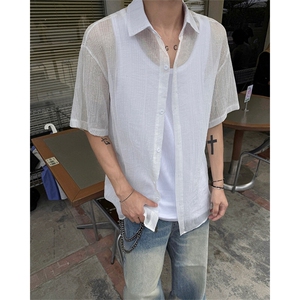肌理感竖条纹短袖衬衫男夏季潮牌学院风宽松防晒轻薄凉感衬衣外套图片
