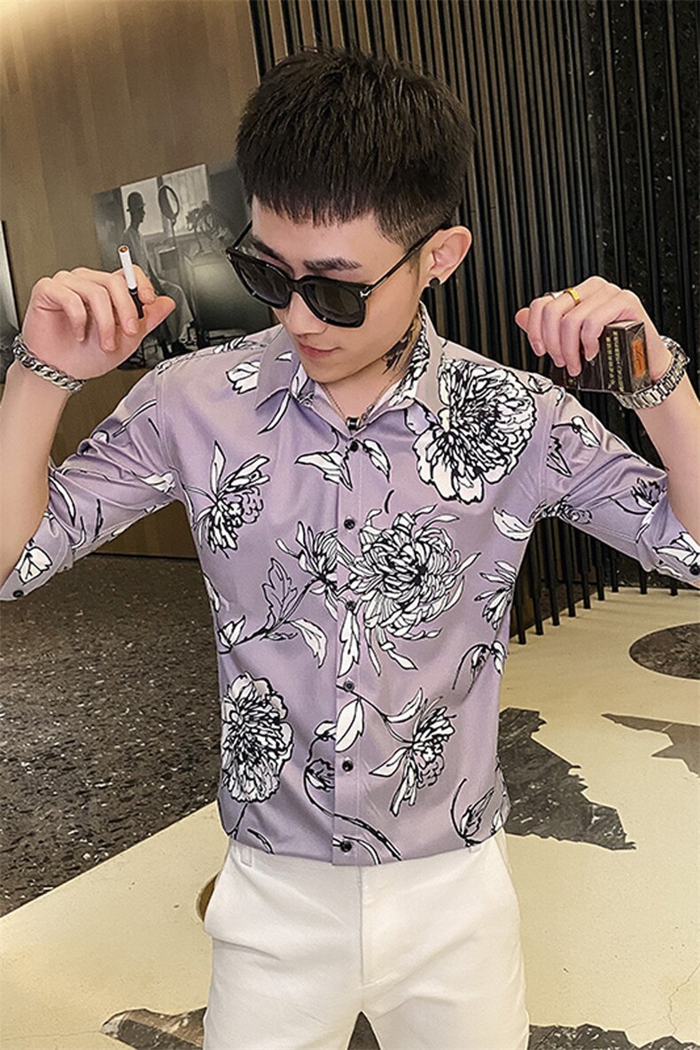 312A-114-P55新款社会小伙中袖衬衫韩版潮流男士五分袖衬衣B,男装T恤,星座312A-5