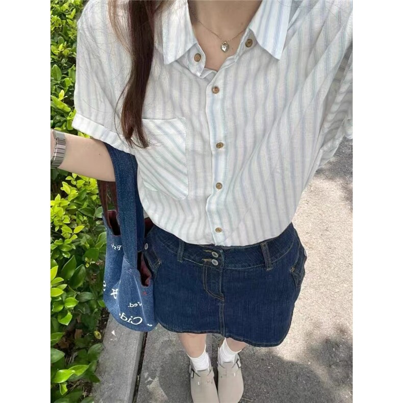 韩系小个子polo领蓝色条纹短袖衬衫女夏季温柔风百搭独特短款上衣,男装衬衫,星座1210-1