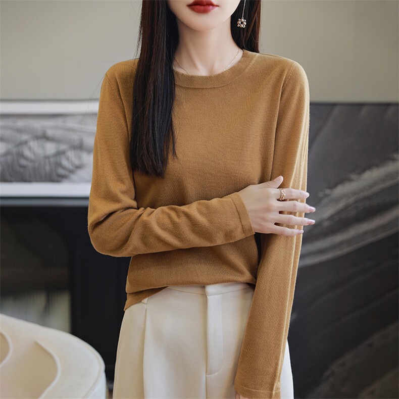 扬子纱无缝一体高级感一字领毛衣t恤女修身内搭打底纯羊毛针织衫,女装羊毛衫,朝思羊绒