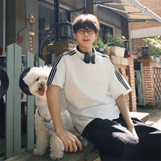 抖音得物品质二开240克宽松纯棉美式潮牌印花三条杠中性风短袖T恤，男装T恤，电商A486