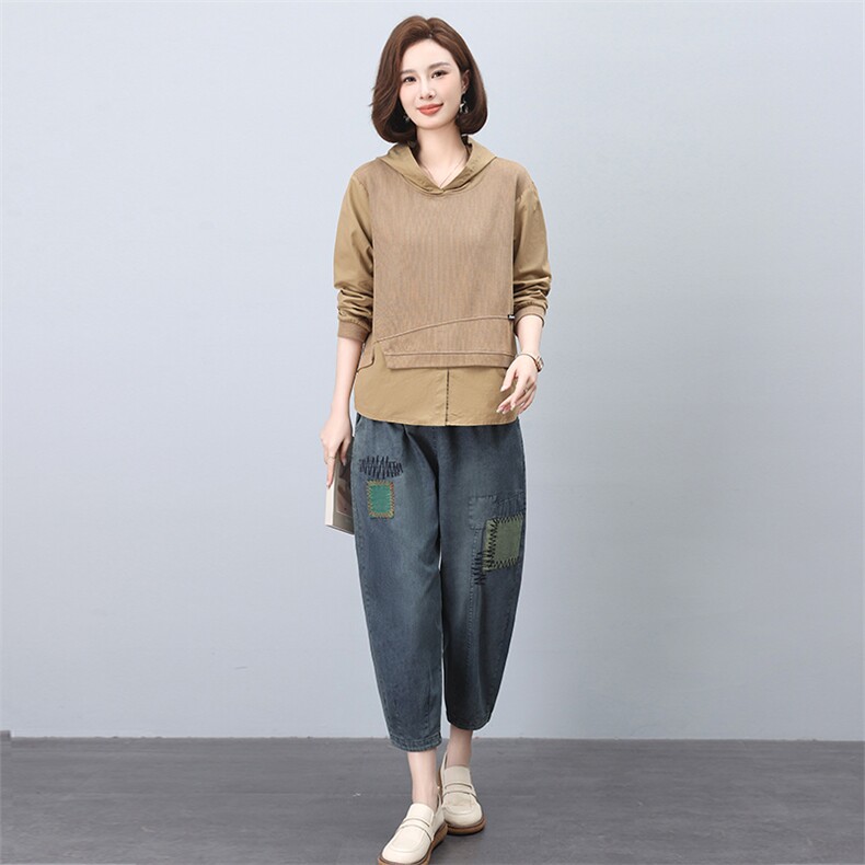 时尚休闲女装套装宽松显瘦长袖上衣+牛仔裤两件套舒适百搭日常穿搭,女装套装/套裙,叶笙衣