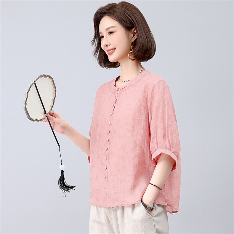 纯苎麻刺绣衬衫女夏季2025新款中年妈妈宽松洋气休闲减龄半袖上衣,女装衬衫,独衣靓