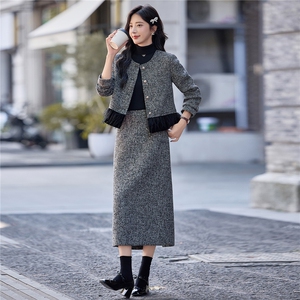 现货财阀千金系列小香风高级感黑白外套长裙时尚气质两件套女图片