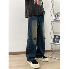 美式拉链立体设计牛仔裤男夏季小众潮牌直筒宽松水洗工装长裤，男装牛仔裤，星座410-6（原星座1304-1）