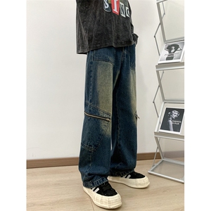 美式拉链立体设计牛仔裤男夏季小众潮牌直筒宽松水洗工装长裤